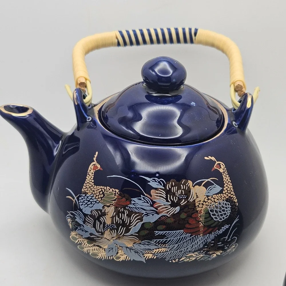 Vintage Cobalt Blue Peacock Tea Set Teapot & 2 Cups Gold Floral